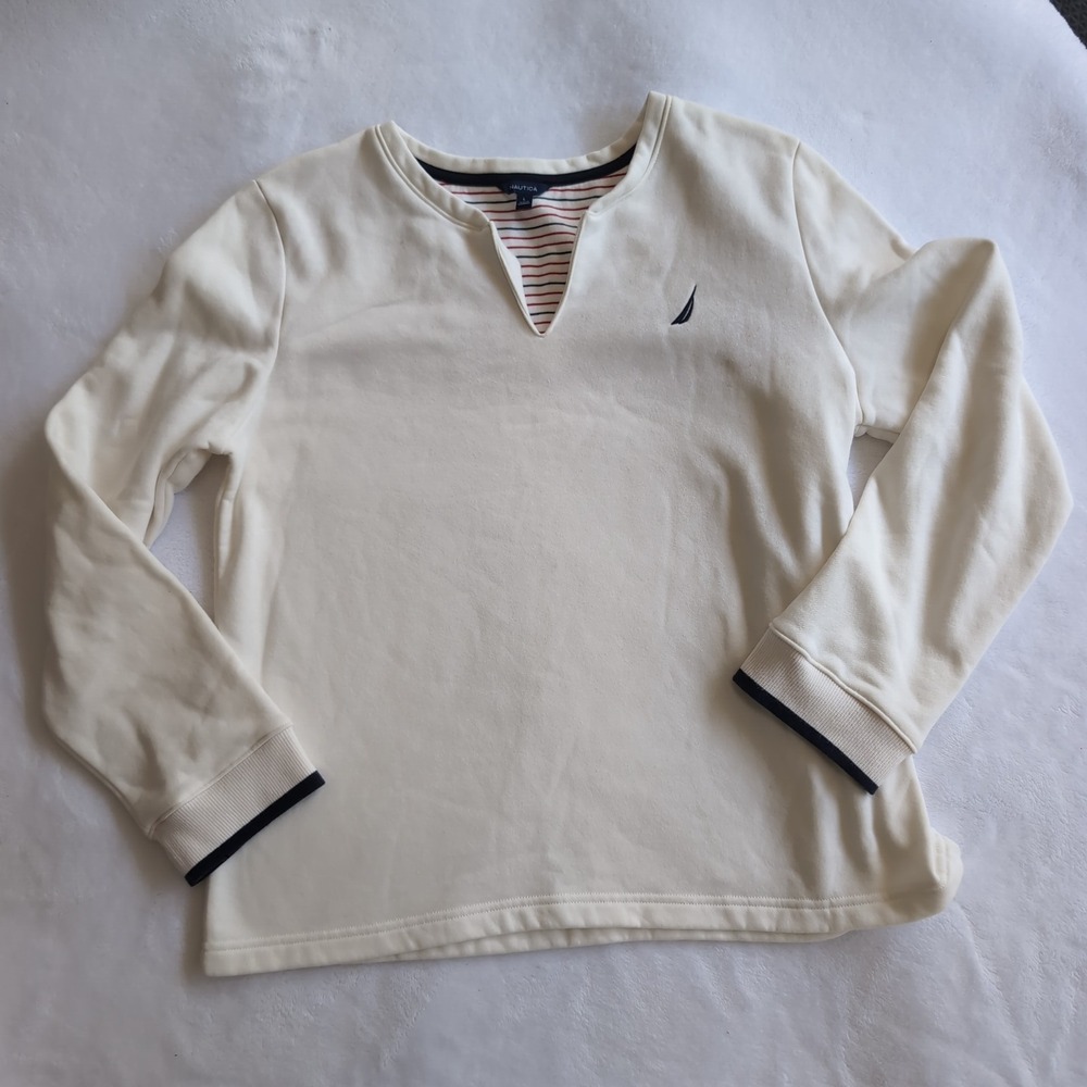 Nautica Sweatshirt Women Large Cream Split Neck Striped Inset Coastal Fleece